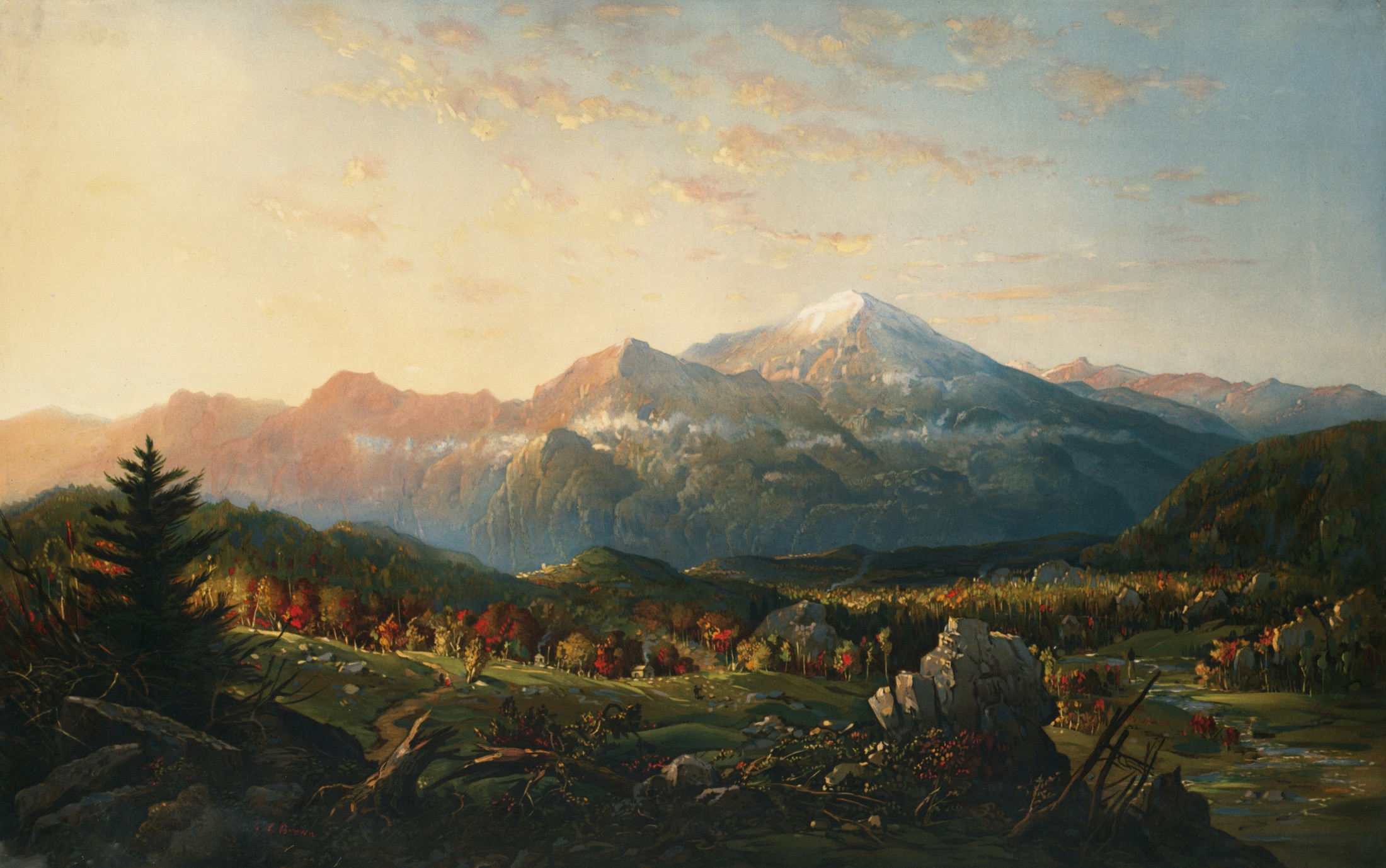 A warm painted mountain landscape at golden hour
